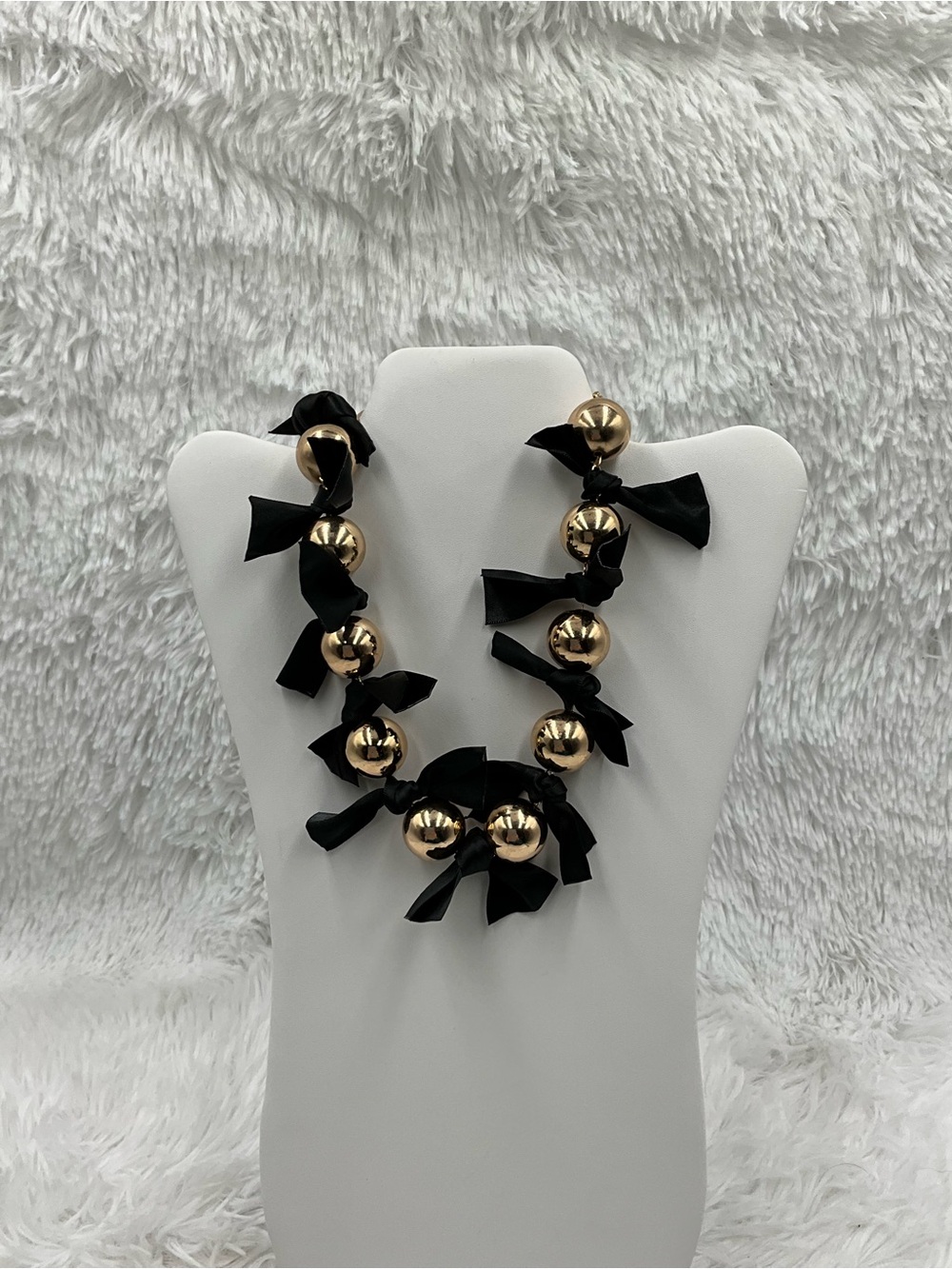 Garden Party Necklace Gold Tone Bead with Black Ribbon Accents NWT